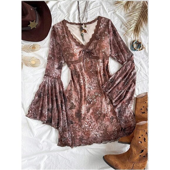 Women's Boho Flared Sleeve Mini Dress with Floral Prints for Vacation and Casual - Picture 4 of 5